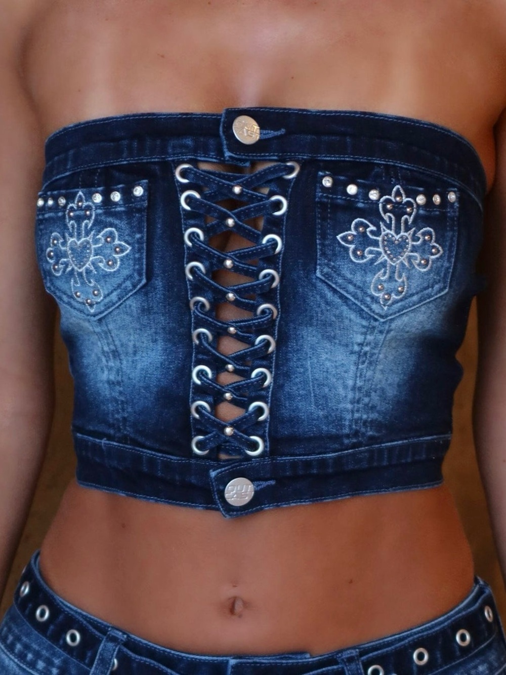 Strapless Lace-Up Denim Crop Top in Dark Blue